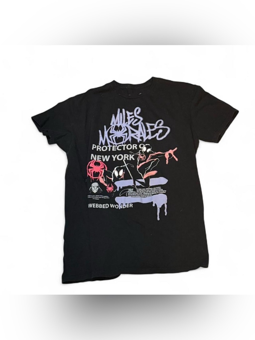 Youth large Spiderman Miles Morales Black Graphic Tee with Purple & Pink Art